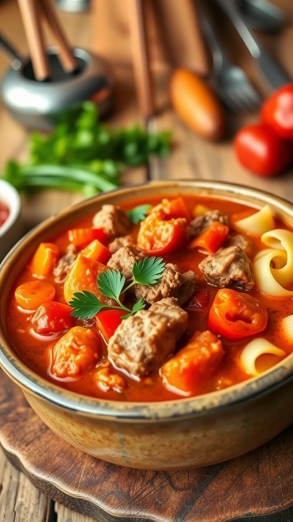 A bowl of hearty pork goulash with red sauce, pork, and bell peppers, garnished with parsley, served with egg noodles.